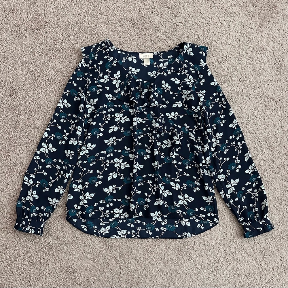Loft Navy Floral Blouse Womens XS
